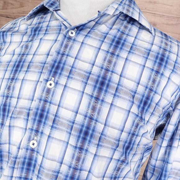 Bugatchi Uomo Shirt Mens Large Blue White Plaid Long Sleeve Button Down Casual - Picture 2 of 8